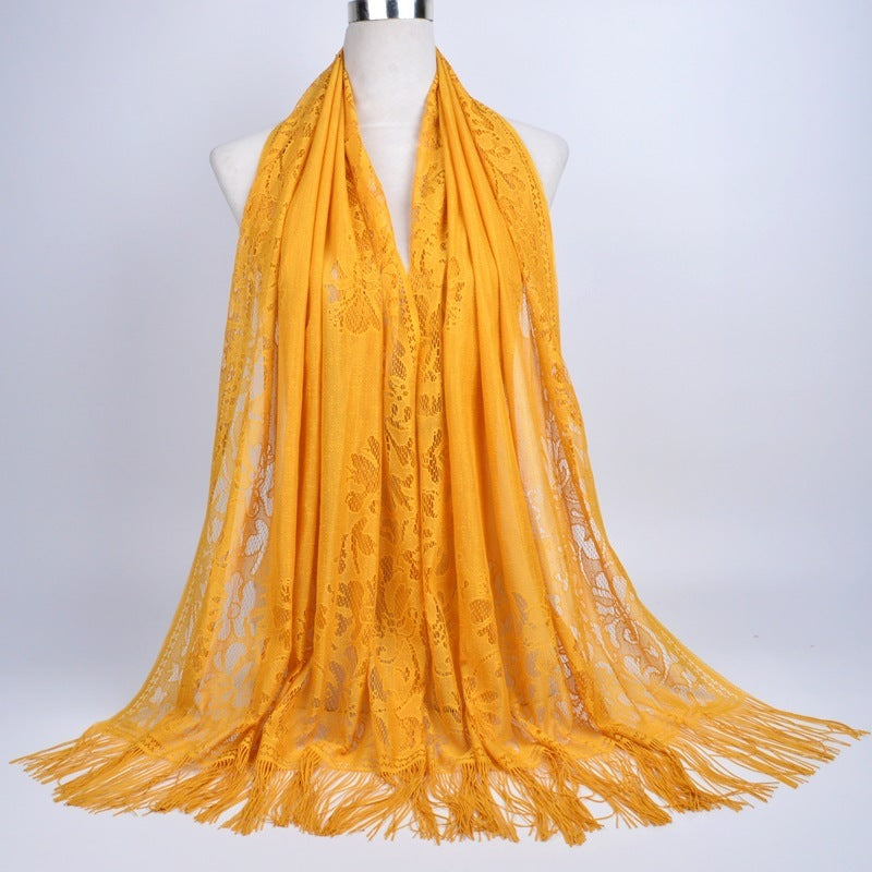 Scarf Hijab Solid Color Lace Hollow Tassel