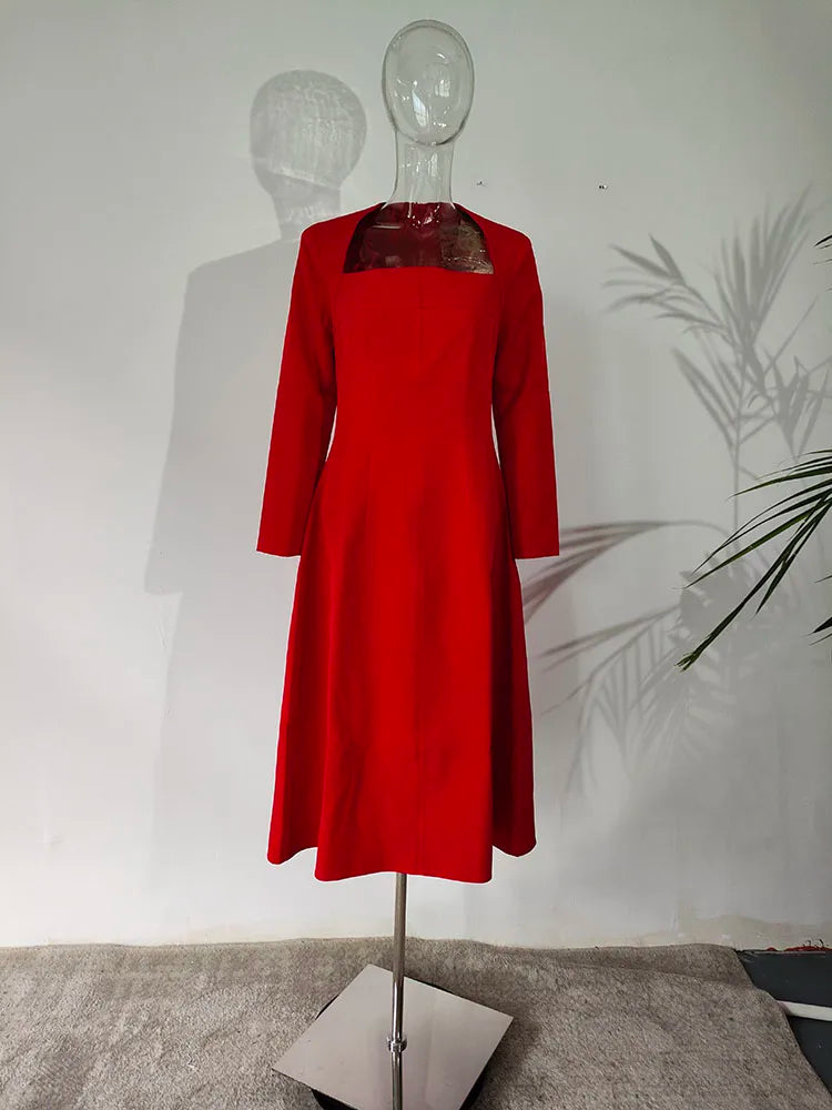 New Party Dress Full Sleeve High Waist Solid Color Luxury A-line Hem Female Medium Long Spring Summer Fashion