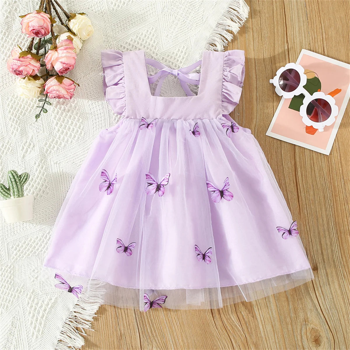 Summer New Dress Sweet Solid Color Flying Sleeves Mesh Butterfly Princess Dress Party Dress Suitable for 0-3 Year Old Babies