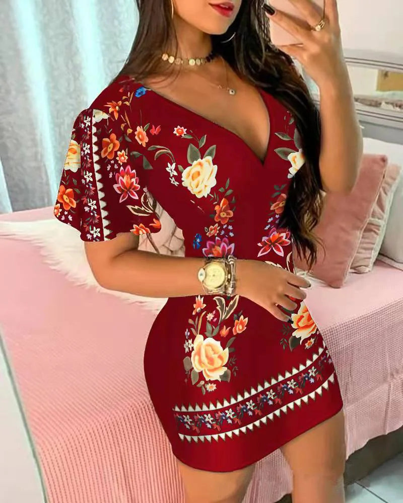 Summer Elegant Floral Print Bodycon Mini Dress Women Fashion Sexy Deep V-neck Package Hip Dresess Office Lady Party Dress
