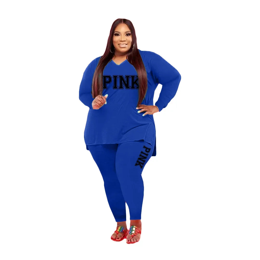 XL-5XL Fall 2025 Plus size Women Clothing Two Piece Set Fashion Long Sleeve V Neck top And Pants Print 2 Piece Suit Outfit