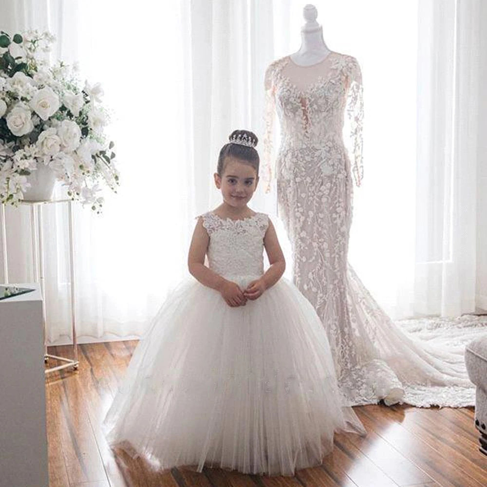 White Bridesmaid Dress For Girls Lace Big Bow Flower Girl Dresses Ball Gown Kids Wedding Party Pageant First Communion Gown