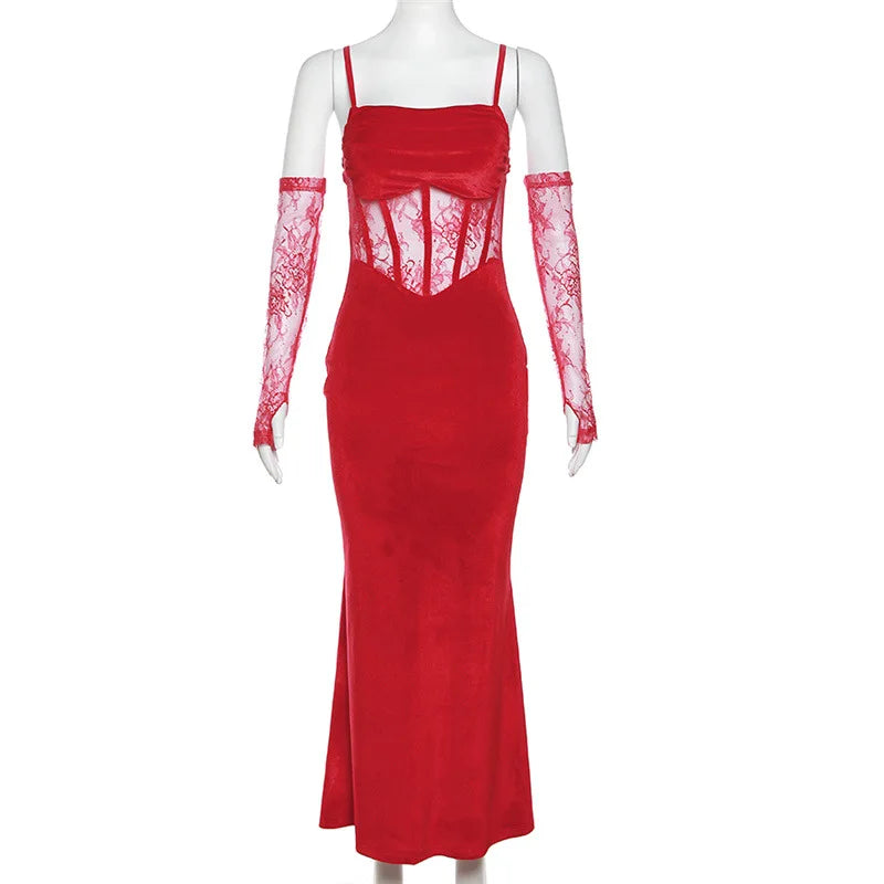 Goth Dark Velvet Ruched Elegant Corset Dresses Gothic Lace Patches Sheer Sling Party Dress Red Black Ladies Backless Clothes