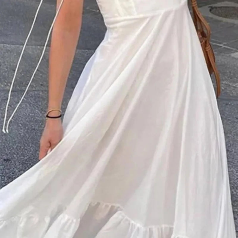 Women's White Party Dress Ruffle Spaghetti Strap Sleeveless Elastic High Waist Maxi Dresses Summer Sexy Evening Female Vestidos