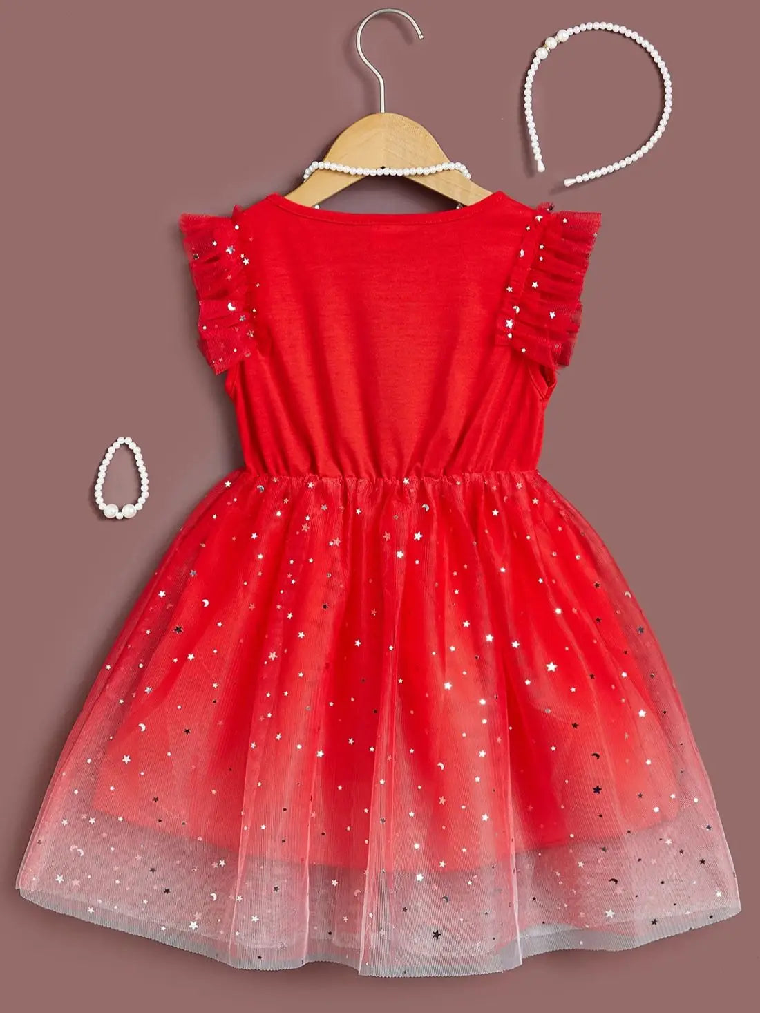 Girls Christmas New Year Red Dress Pearl necklace Accessories Children's Fashion Princess Dress Summer Sleeveless Gauze Dress