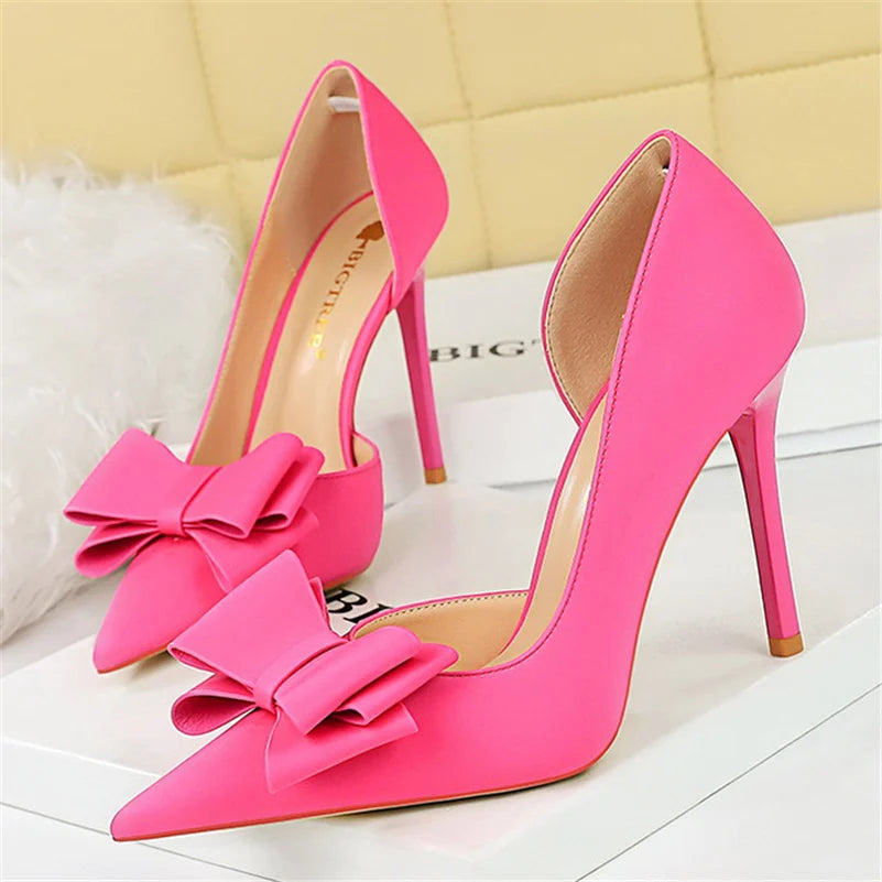 Women 10.5cm High Heels Satin Silk Butterfly Knot Purple Pumps Lady Wedding Bridal Escarpin Blue Green Peach Fashion Party Shoes