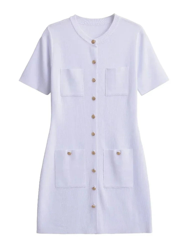 Pocket Knit Female Mini Dress Autumn Ribbed High Waist Fashion Patchwork Elegant Party Dress Knitwear Cardigan Dress