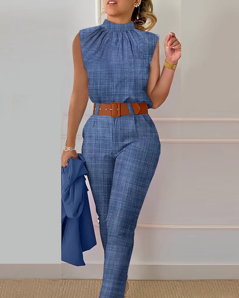 Office For Women Elegant Sleeveless Print Shirt And Pant Set Fashion Casual O-neck Slim Pants Two Piece Set Summer Outfits