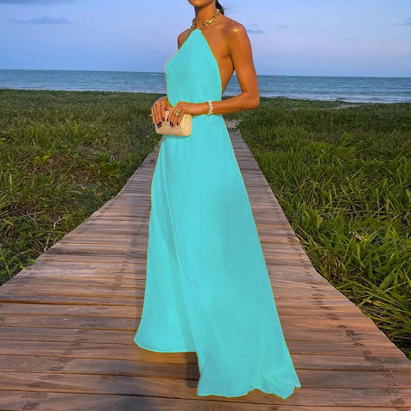 Halter Beach Style Women Summer Maxi Dress Solid Chain Loungewear Backless Fashion Ladies Party Dress Sleeveless Streetwear