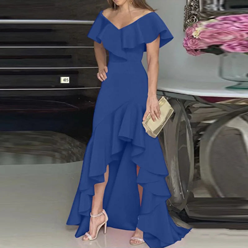2025 Sexy V Neck Ruffles Party Dress Femme Elegant Summer Fashion Solid Sleeveless Slim Irregular Maxi Dresses For Women Robe