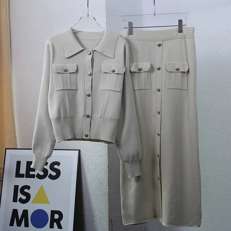 2025 Women's Clothing Knitted Two Piece Sets Vintage Cardigan Coats Bodycon Tunic Skirt Outfits Roupas Femme Chic Skirts Suit