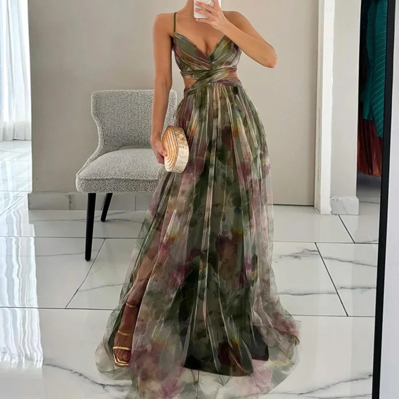 V-Neck Sexy Hollow Out Party Dress, Women Summer Loungewear Fashion Printing Maxi Dress, Sleeveless Lace-Up Ladies Dress Vestido