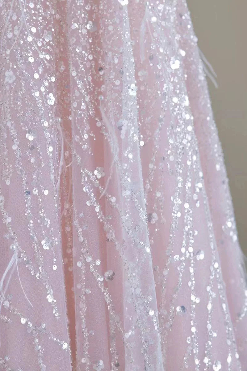 Luxury Pink feather Prom dresses women advanced light luxury a word shoulder fairy Evening dress high-end party gown