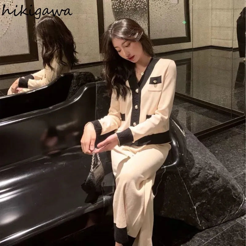 2025 Ropa Mujer Pants Suit Fashion Two Piece Sets Women V-neck Loose Sweater Straight Wide Leg Pants Set Knitted Chic Outfits