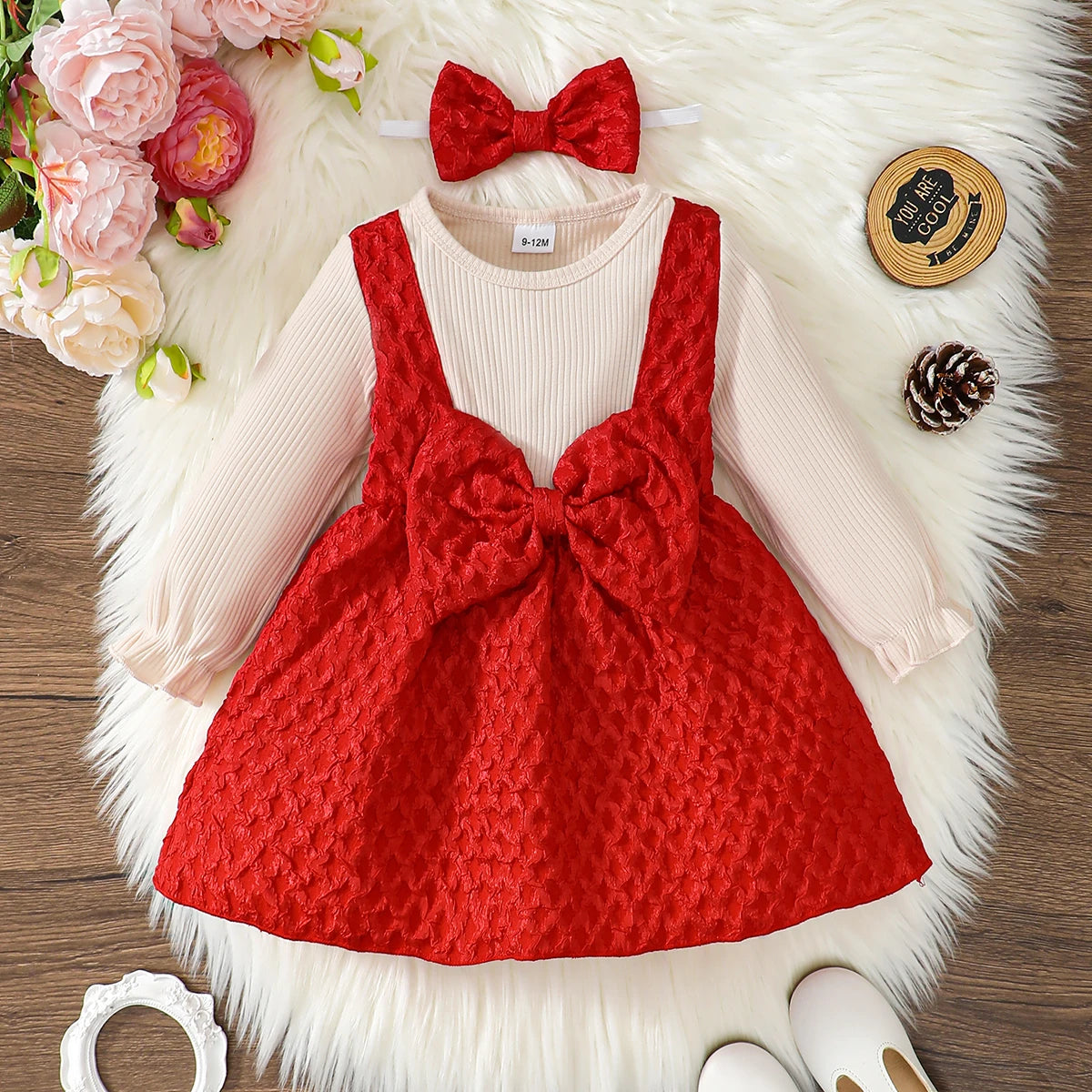 2PCS Infant Girl Party Dress Long Sleeved Fake Two Piece Bow Princess Dress+Headband Autumn&Winter Daily Wear Baby Girl 0-3Years