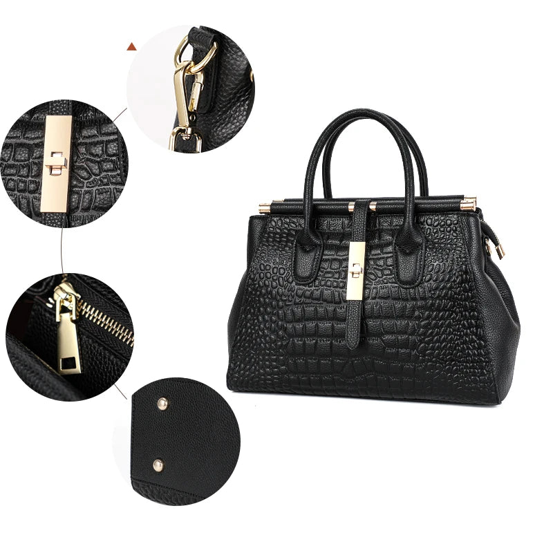 Aidrani Trendy women's handbag with crocodile pattern on the surface black cowhide large bag