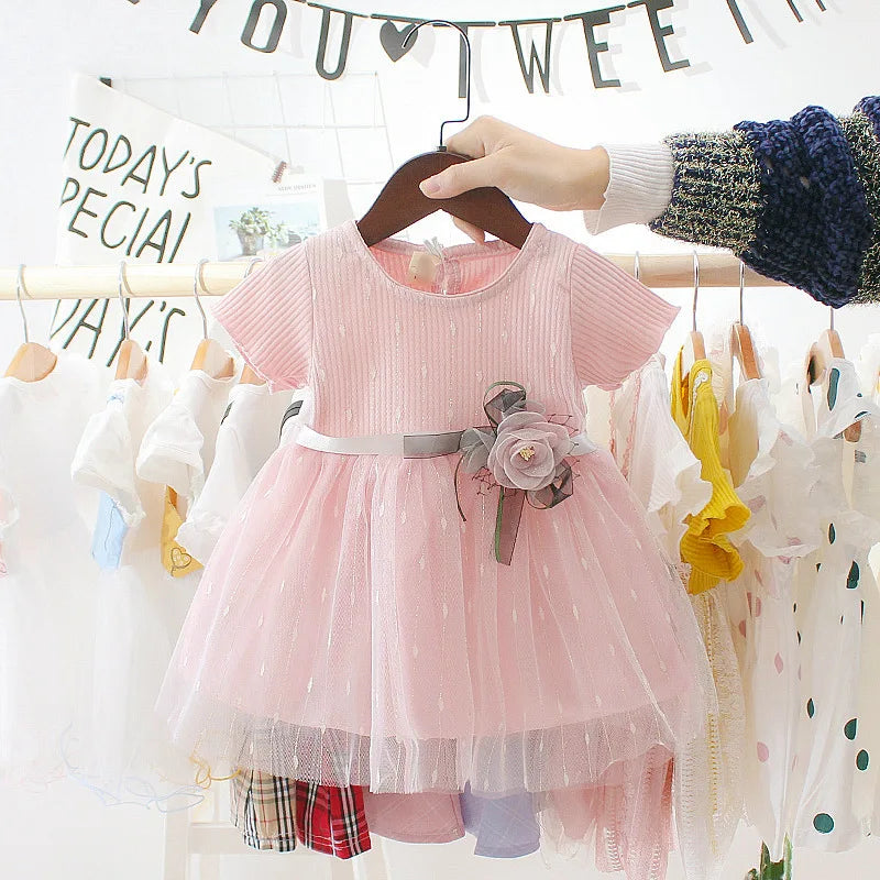 New Baby Girls Dress Short Sleeve Crew Neck Shaggy Flower Bow Netting Sweet Princess Dress Birthday Party Dress