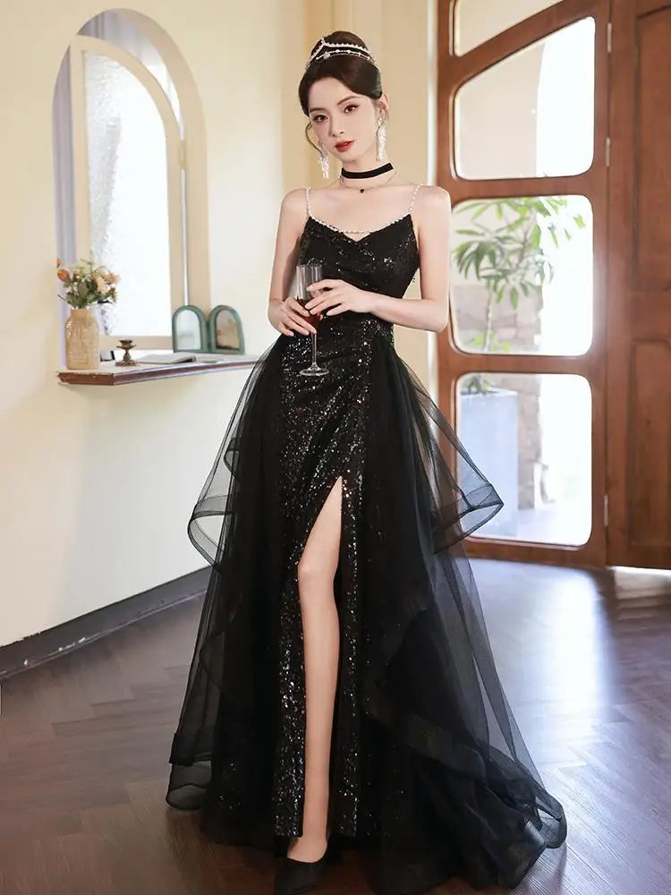 New Black long sequined removable tail lady girl women princess banquet party performance prom dress performance gown