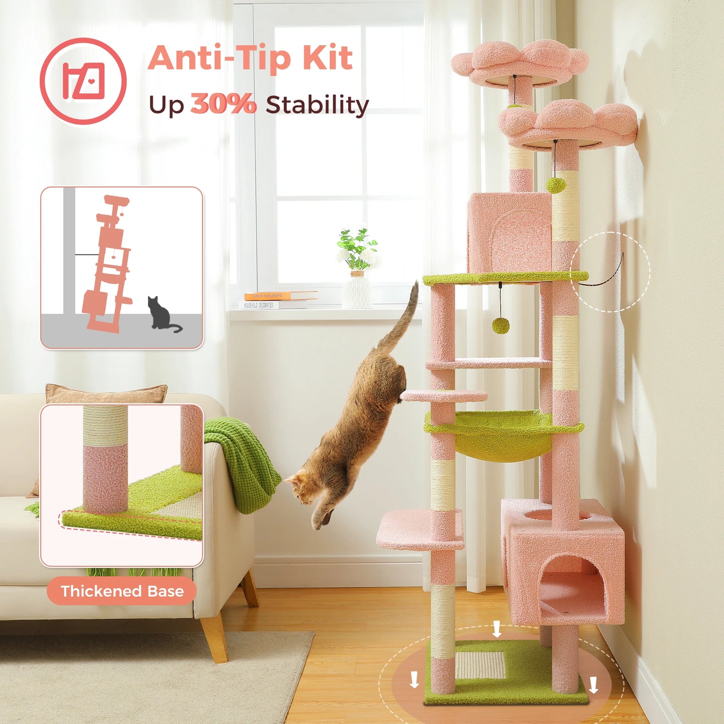 184cm Large Cat Tree Tower for Indoor Cats With Sisal-Covered Scratching Posts Spacious Hammock Padded Perches and Condos Pink