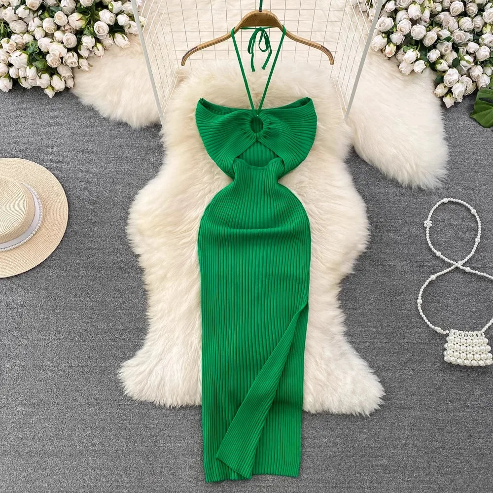 YuooMuoo Women Dress 2025 New Summer Fashion Sexy Package Hips High Split Knitted Bodycon Party Dress Vacation Beach Vestidos