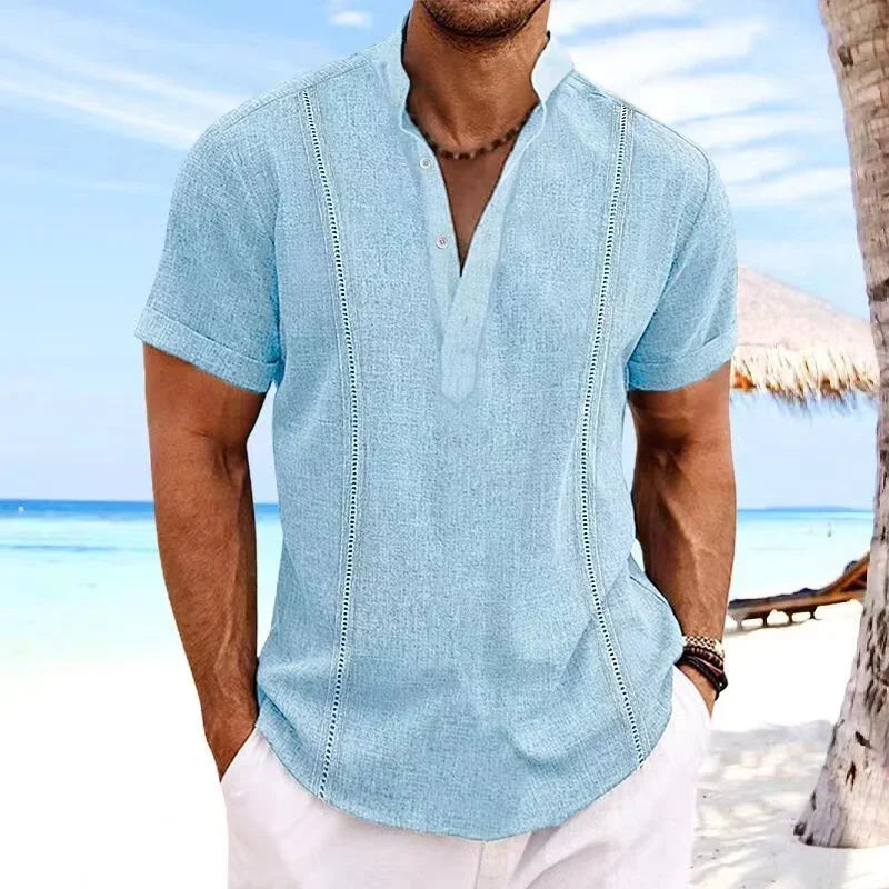 new men's short sleeve Henri collar solid color Cuban Guayabera cotton shirt fashion trend beach men's top