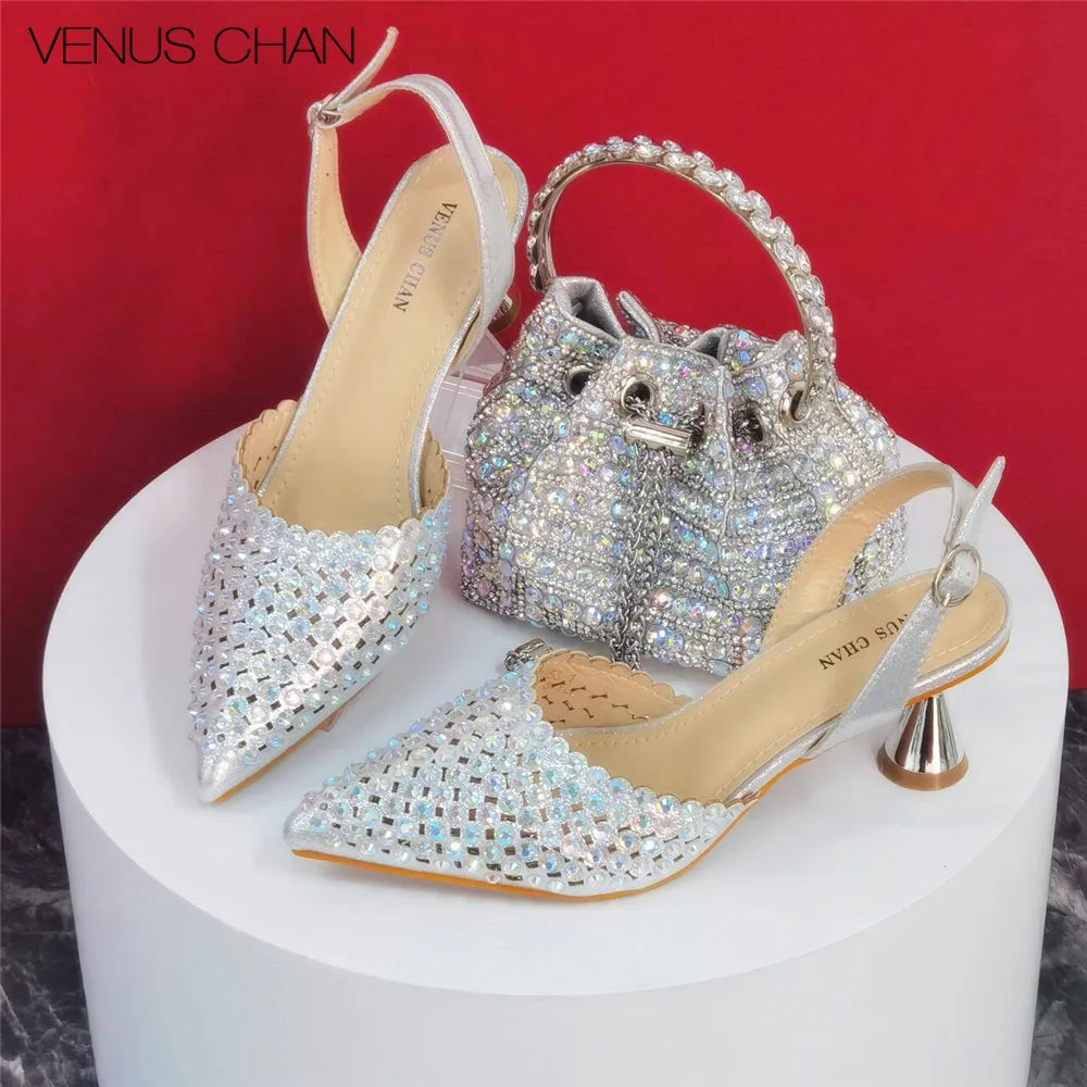 Sandals High Heels for Lady 2025 Luxury Designer Green Color Full Diamond Pointed Toe Wedding Shoe and Bag Set for Party