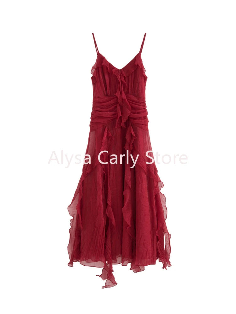 Red Vintage Elegant Midi Strap Dress Women Ruffles Design Causal Korean Fairy Dress Female Autumn Strapless Party Dress