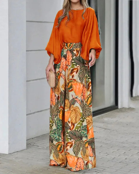 Summer New Women's Clothing Set Lantern Sleeves Loose Top Printed Wide Leg Pants Two Piece Set Casual Ladies Trouser Outfit