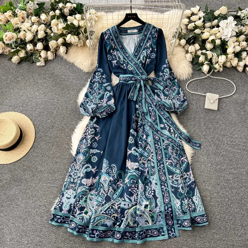 Vintage Women Party Dress Lantern Sleeve Bandage Slim Waist Print Long Robe Femme Vestidos De Mujer Big Swing Maxi Dresses