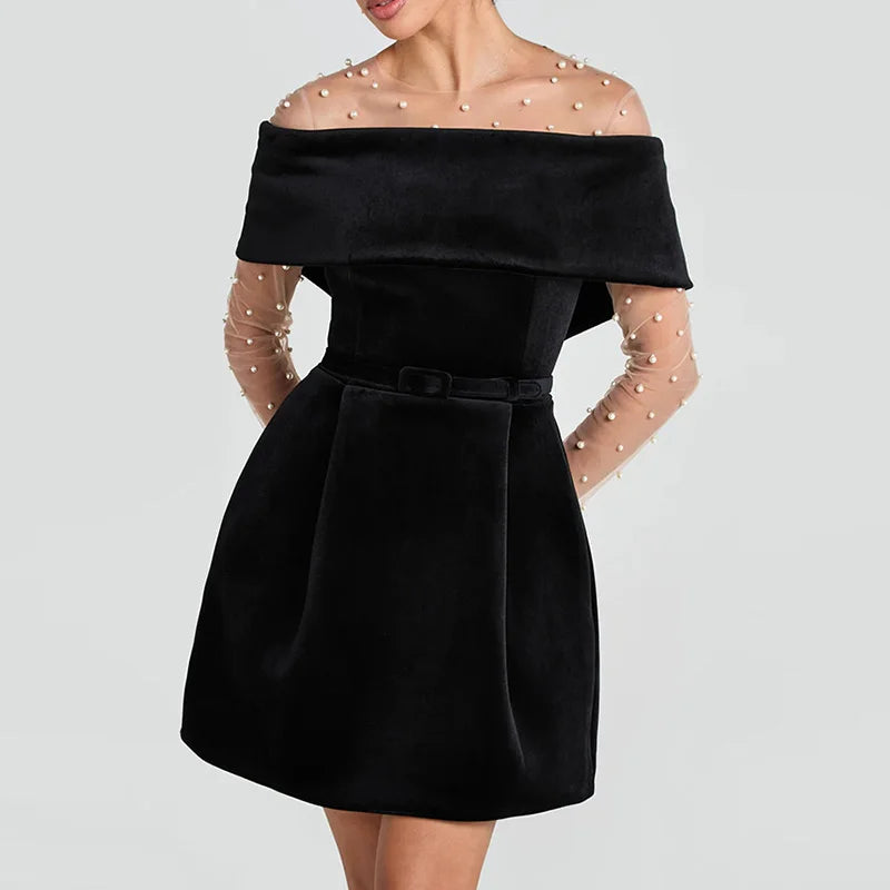 Slash Neck Off The Shoulder Solid Mini Dress, Women Spring Summer Patchwork Simple Party Dress, Short Sleeve Ladies Dress