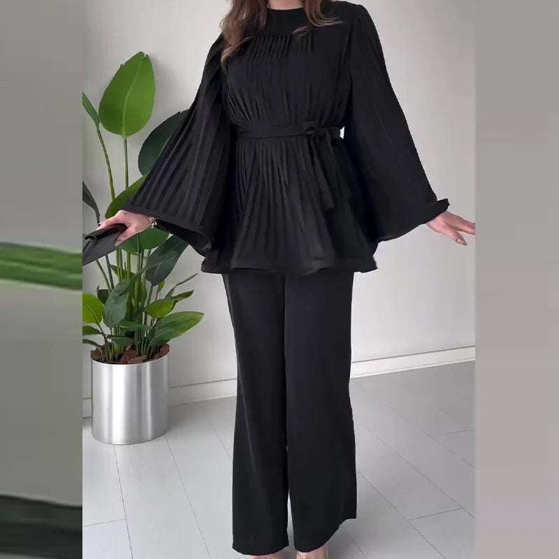 Eid Muslim Suits Women Lace Up Blouse Wide Leg Pants Sets Casual Dubai Two Piece Solid Outfits Islamic Ramadan Morocco Arabic