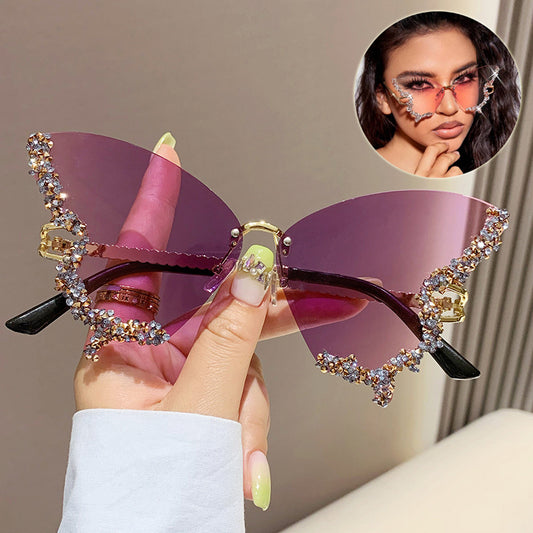 Luxury Diamond Butterfly Sunglasses Women Brand 2025 Vintage Rimless Oversized Sun Glasses Ladies Eyewear Shades