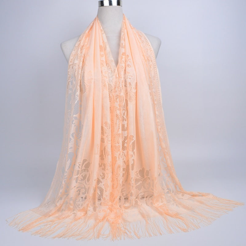 Scarf Hijab Solid Color Lace Hollow Tassel