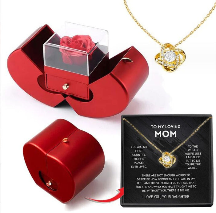Fashion Jewelry Box Red Apple Gift Necklace Eternal Rose For Girl Mother's Day Valentine's Day Gifts With Artificial Flower Rose Flower Jewelry Box