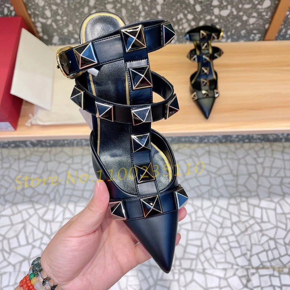 Nude Pointy Rivets Sandals With Heels Women Metal Buckle T-strap Luxury Brand Sandals Sexy Female Summer Trend Party Dress Shoes