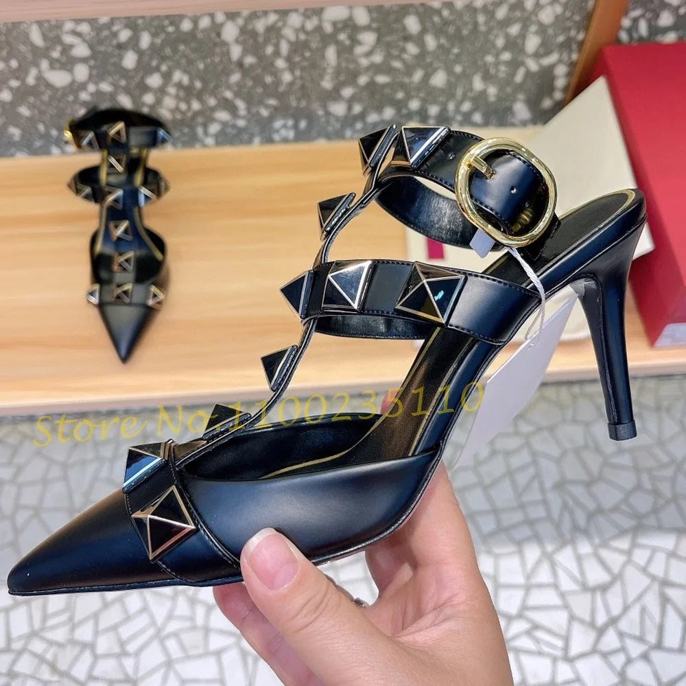 Nude Pointy Rivets Sandals With Heels Women Metal Buckle T-strap Luxury Brand Sandals Sexy Female Summer Trend Party Dress Shoes
