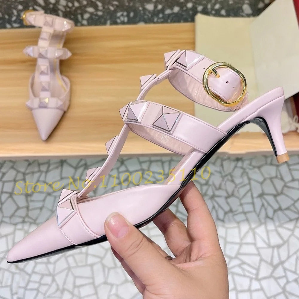 Nude Pointy Rivets Sandals With Heels Women Metal Buckle T-strap Luxury Brand Sandals Sexy Female Summer Trend Party Dress Shoes