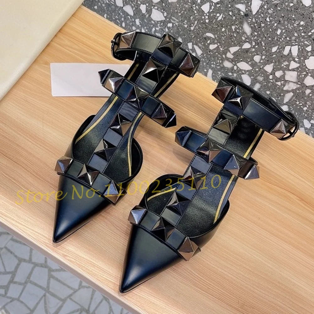 Nude Pointy Rivets Sandals With Heels Women Metal Buckle T-strap Luxury Brand Sandals Sexy Female Summer Trend Party Dress Shoes