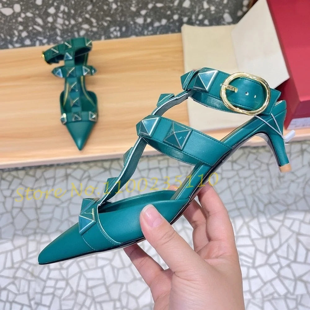 Nude Pointy Rivets Sandals With Heels Women Metal Buckle T-strap Luxury Brand Sandals Sexy Female Summer Trend Party Dress Shoes