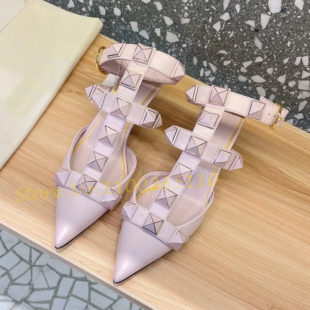 Nude Pointy Rivets Sandals With Heels Women Metal Buckle T-strap Luxury Brand Sandals Sexy Female Summer Trend Party Dress Shoes