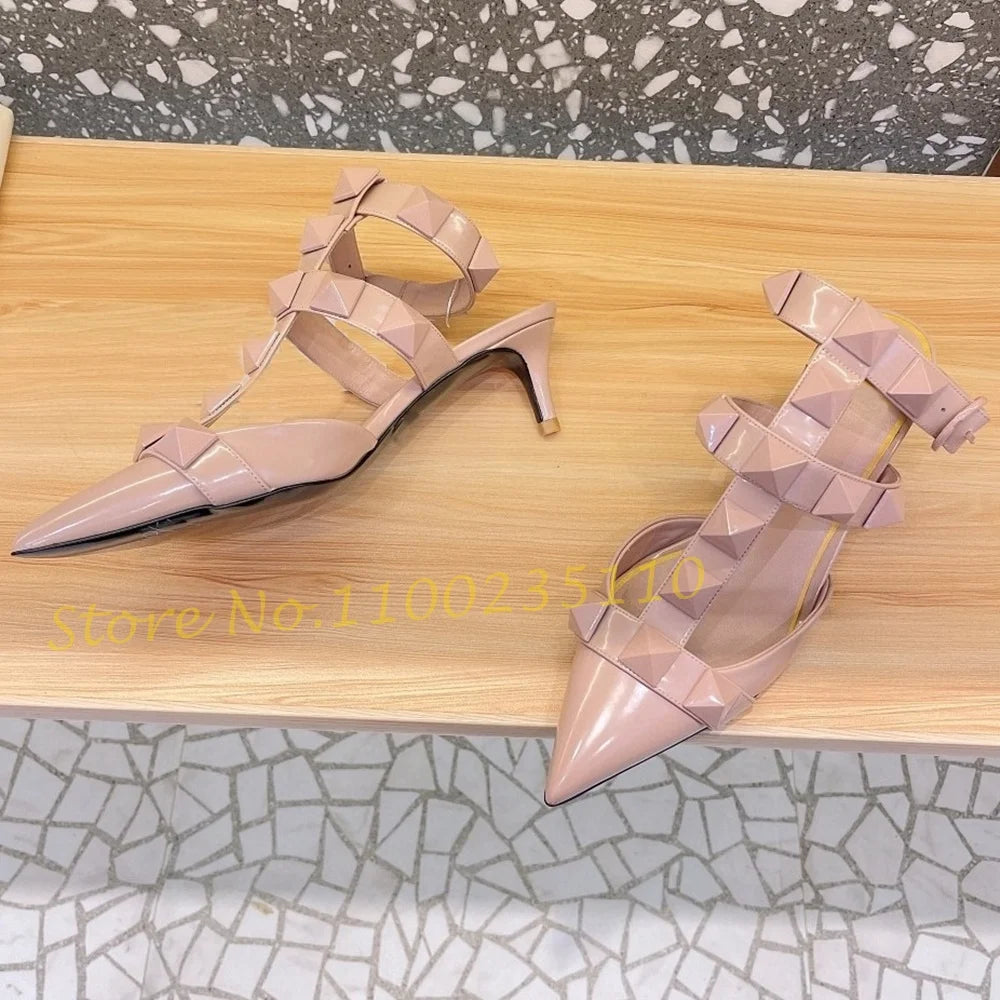 Nude Pointy Rivets Sandals With Heels Women Metal Buckle T-strap Luxury Brand Sandals Sexy Female Summer Trend Party Dress Shoes