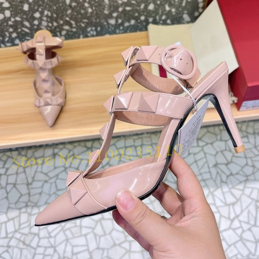 Nude Pointy Rivets Sandals With Heels Women Metal Buckle T-strap Luxury Brand Sandals Sexy Female Summer Trend Party Dress Shoes