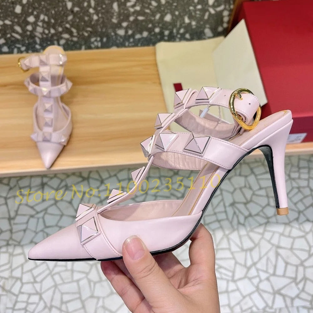 Nude Pointy Rivets Sandals With Heels Women Metal Buckle T-strap Luxury Brand Sandals Sexy Female Summer Trend Party Dress Shoes