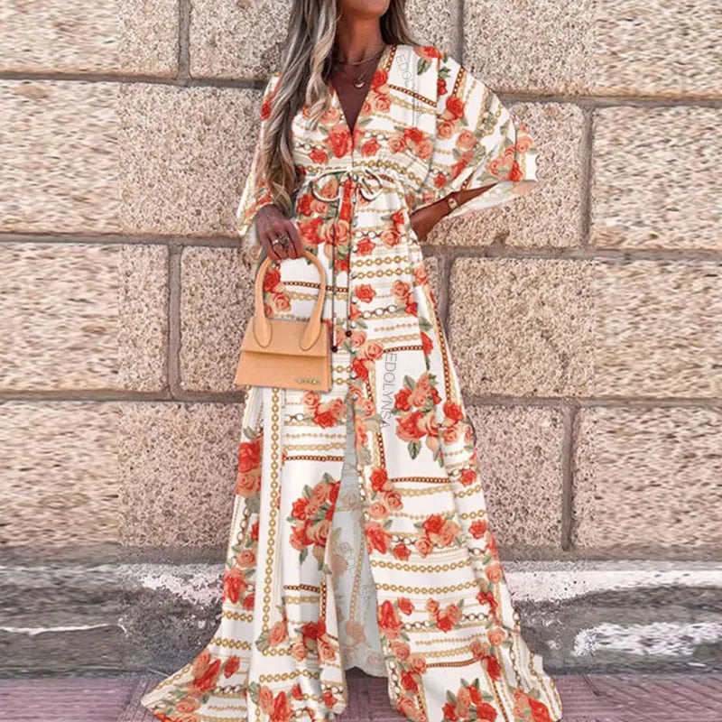 Elegant Gorgeous Printing Dress Women Casual Elastic Waist Long Party Dress 2025 Summer Loose Slit Beach Dress A932