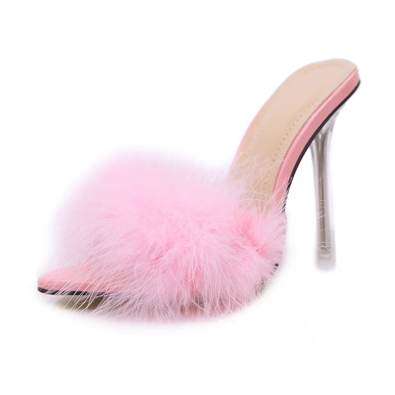 Summer New Sexy Feather Woman Slippers Transparent Perspex High Heels Stiletto Peep Toe Mules Lady Slides Shoes Rose