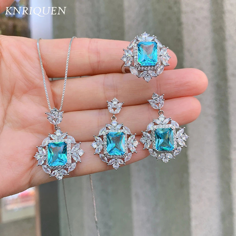 Trend Wedding Jewelry Sets for Women Vintage 8*10mm Aquamarine Stone Rings/Drop Earrings/Pendant/Necklace Birthday Gift