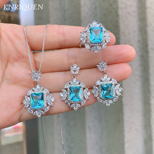 Trend Wedding Jewelry Sets for Women Vintage 8*10mm Aquamarine Stone Rings/Drop Earrings/Pendant/Necklace Birthday Gift