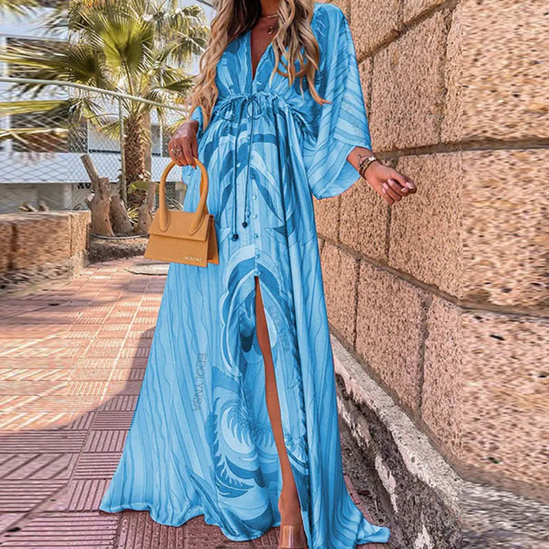Elegant Gorgeous Printing Dress Women Casual Elastic Waist Long Party Dress 2025 Summer Loose Slit Beach Dress A932