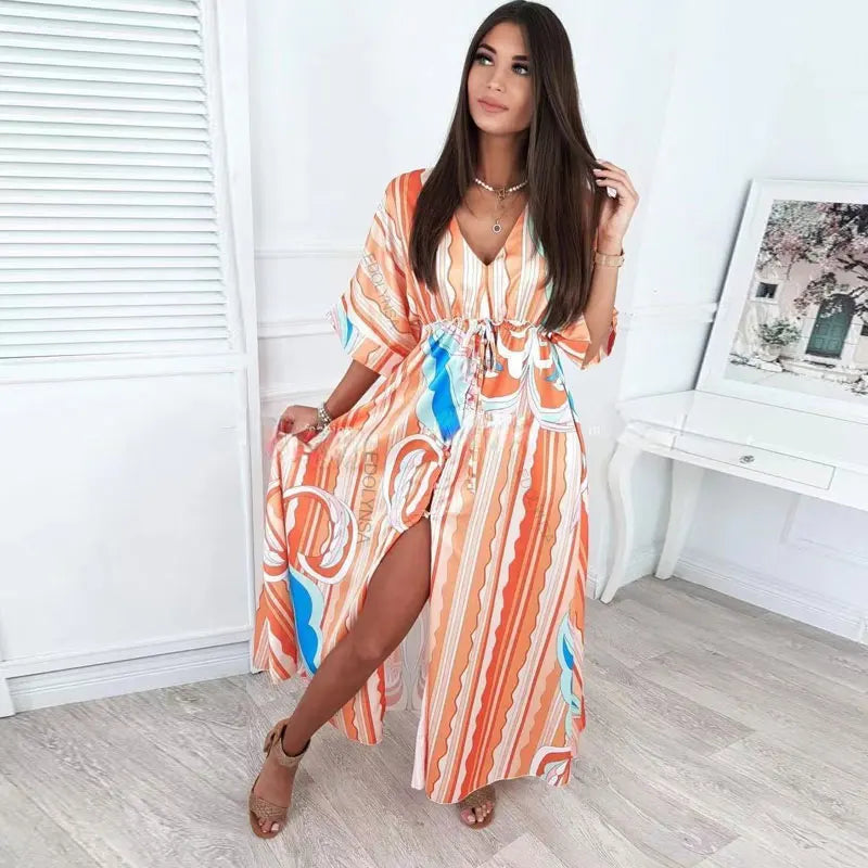 Elegant Gorgeous Printing Dress Women Casual Elastic Waist Long Party Dress 2025 Summer Loose Slit Beach Dress A932