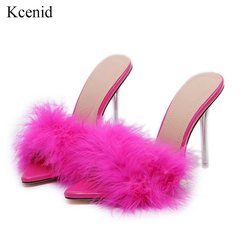 Summer New Sexy Feather Woman Slippers Transparent Perspex High Heels Stiletto Peep Toe Mules Lady Slides Shoes Rose